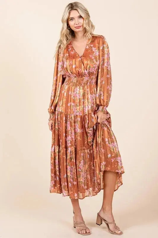 Mittoshop Flower Print Satin Lurex Stripe Smocked Midi Dress - Love Salve